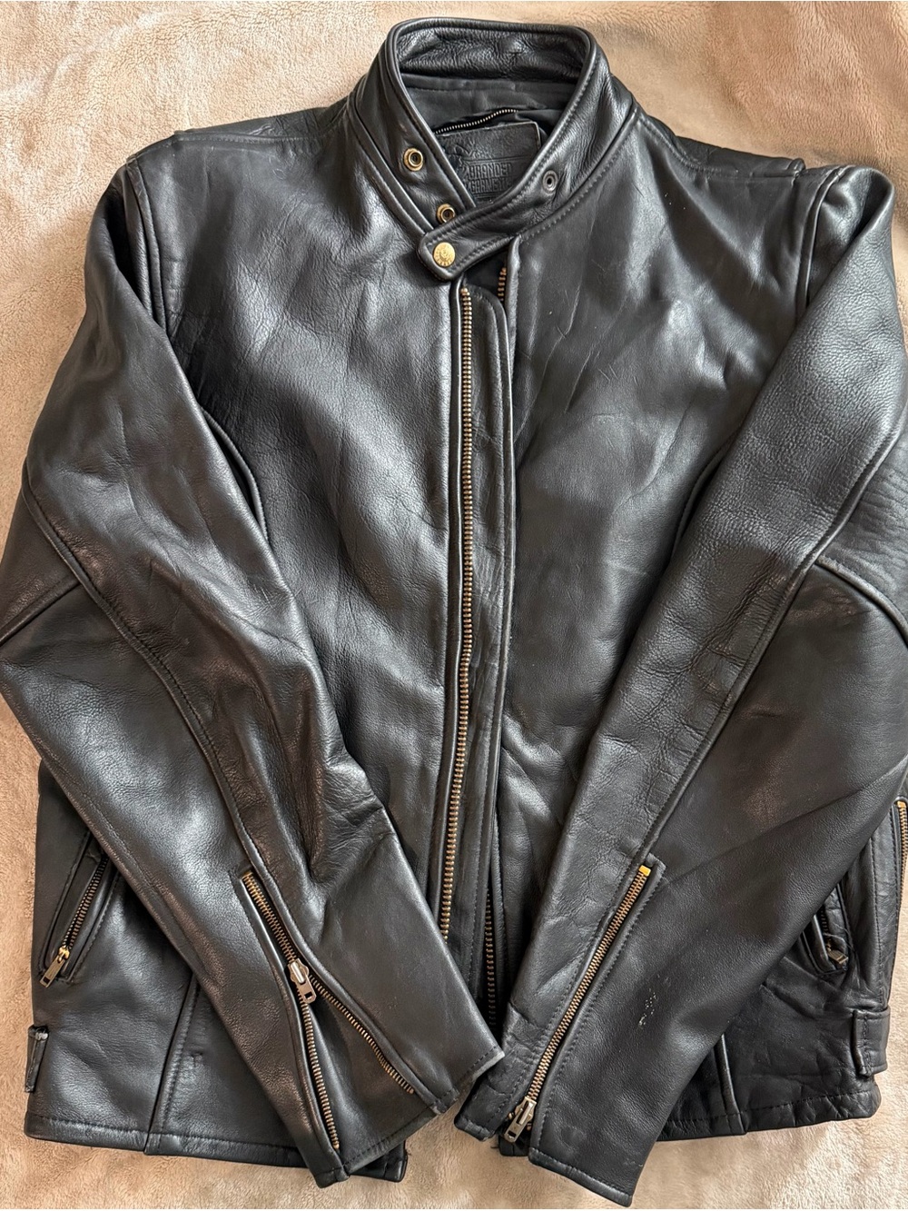Vintage Branded Garments USA Black Leather Cafe Racer Motorcycle Jacket Size 48.